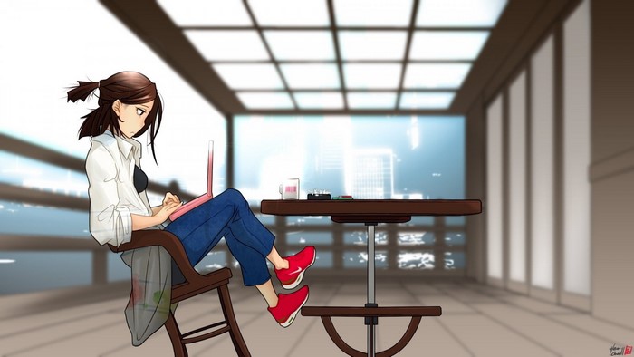 Anime girl using a pink laptop at a table
