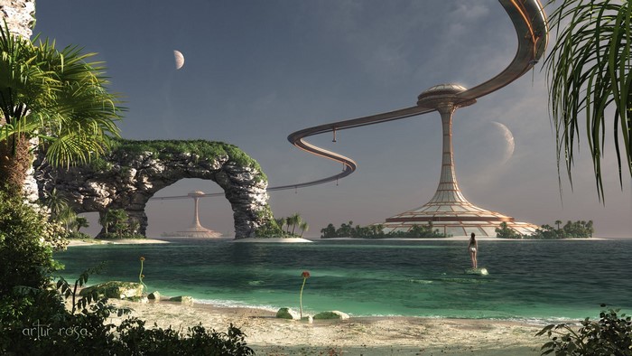 Futuristic island resort with futuristic architecture and a woman surfing