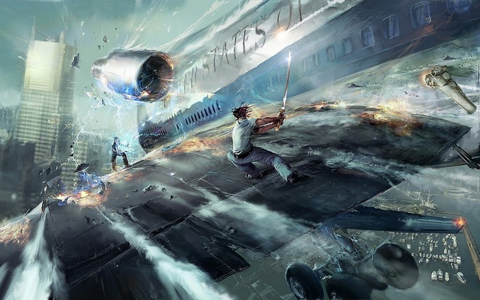 Man with sword on crashed airplane over city