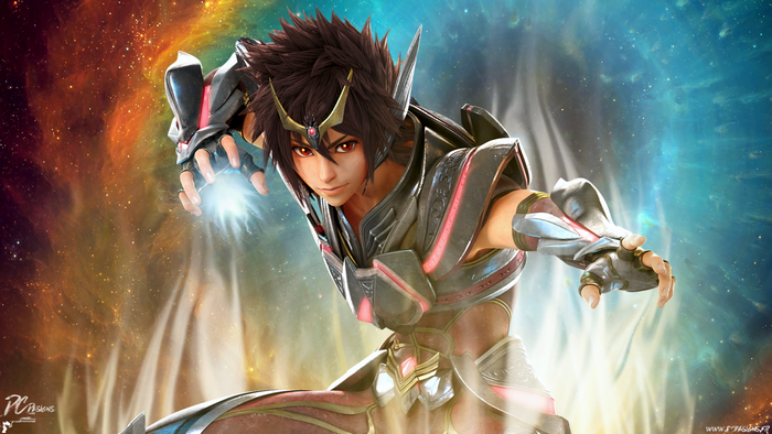 Seiya from Saint Seiya in armor with glowing fist