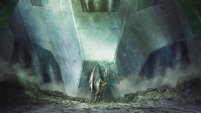 Winged creature in a ruined chamber