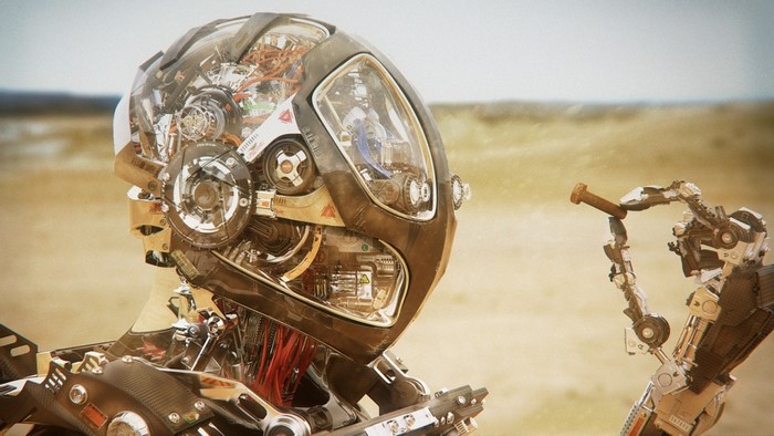 Robot with exposed internal mechanisms in a desert landscape