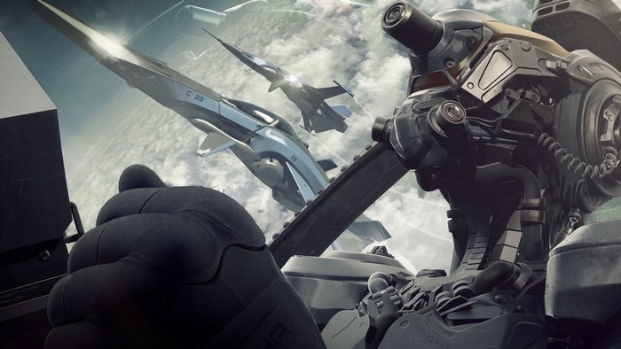Pilot in futuristic cockpit with fighter jets in sky