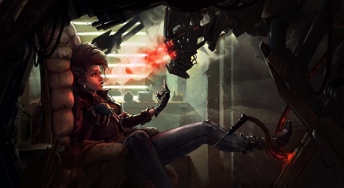 Woman in chair with robotic arm and red light