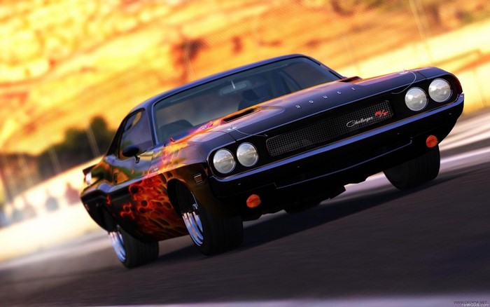 Black Dodge Challenger with Flames