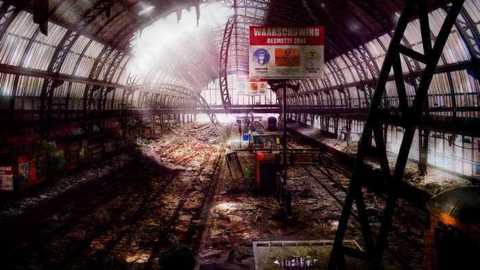 Apocalyptic abandoned train station with warning signs