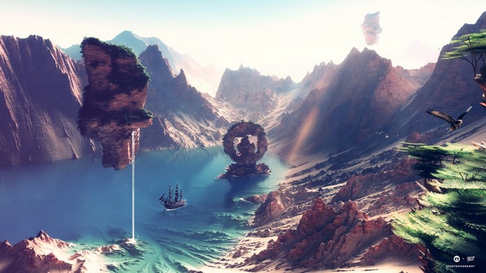 Fantasy landscape with floating islands and a sailing ship