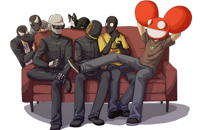 Daft Punk, Deadmau5, and Venom characters on a couch with a cat