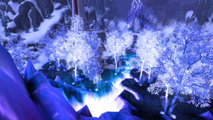 World of Warcraft Crystalsong Forest with blue ice and trees