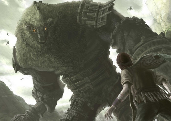 Wander facing a colossus from Shadow of the Colossus
