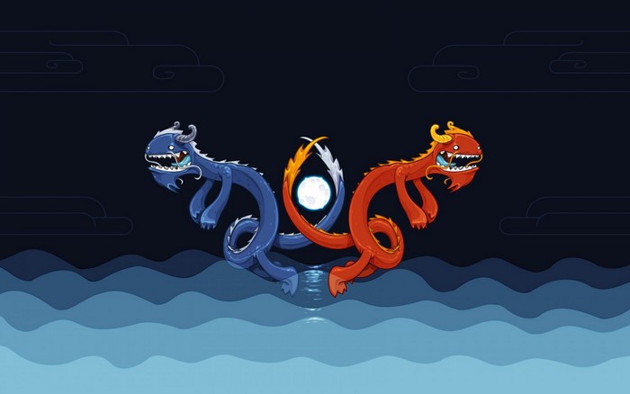 Two cartoon dragons, one blue and one red, with a moon in the center