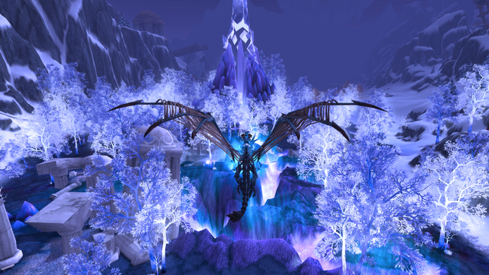 Dragon in a snowy World of Warcraft landscape