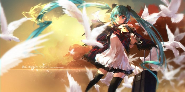 Hatsune Miku playing violin with birds and dragon