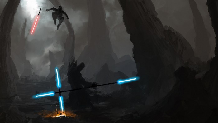 Star Wars: Sith and Jedi duel with lightsabers in a cave