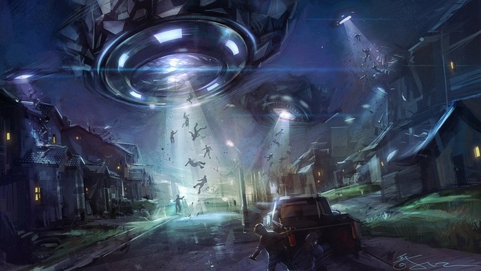 Alien invasion with UFOs abducting people from a town