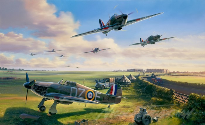 Hawker Hurricanes on a wartime airfield