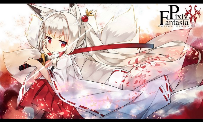 Anime girl with fox ears and tails holding a sword
