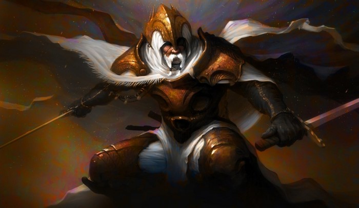Fantasy warrior in golden armor with swords