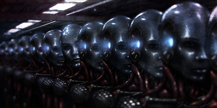 Row of robots with glowing blue eyes