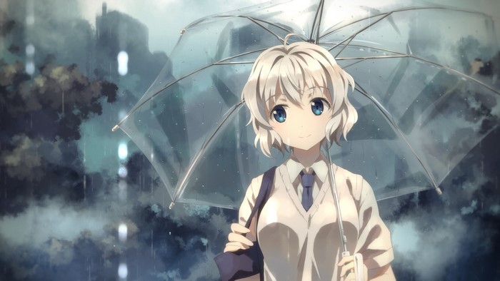 Anime girl with blue eyes holding an umbrella in the rain