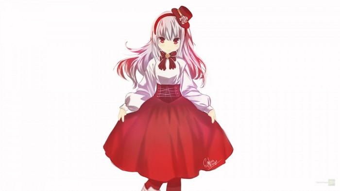 Anime girl with white hair and red dress