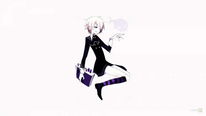 Anime character with white hair and purple accents