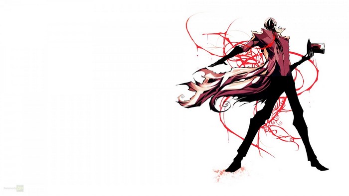 Anime character in red coat with red swirls