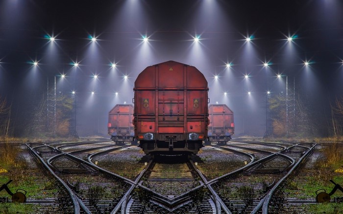 Red freight trains on railway tracks at night with spotlights