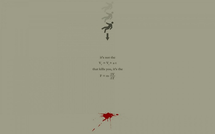 Minimalist physics equations with falling man and blood splatter