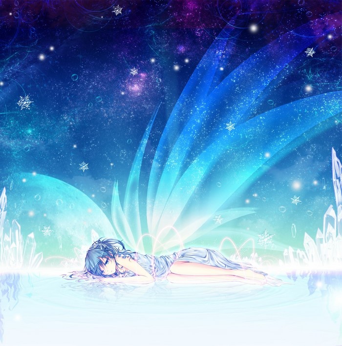 Hatsune Miku in a cosmic, icy landscape