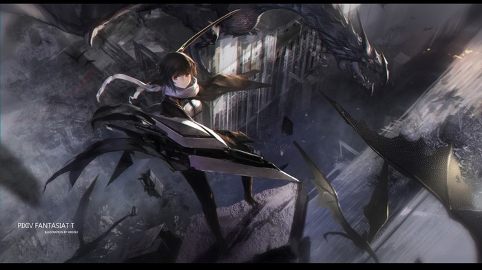 Girl with weapon and dragon in Pixiv Fantasia T
