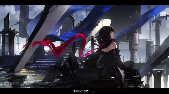 Girl with black hair in a ruined city with flowing scarves