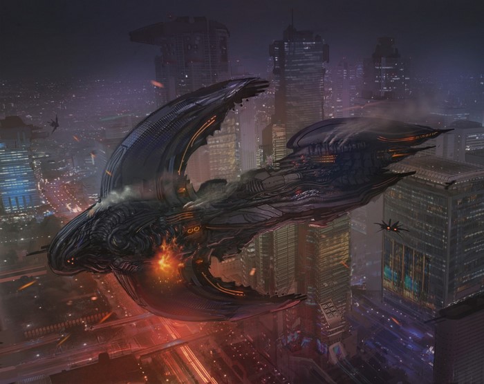 Alien spaceship hovering over a futuristic city at night