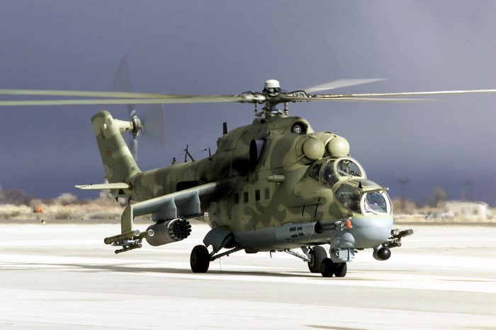 Mil Mi-24 Hind helicopter on a tarmac