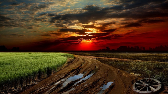 Muddy road through fields at sunset