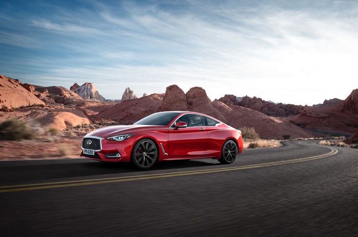 Red Infiniti Q60 S 3.0t Driving on Desert Road