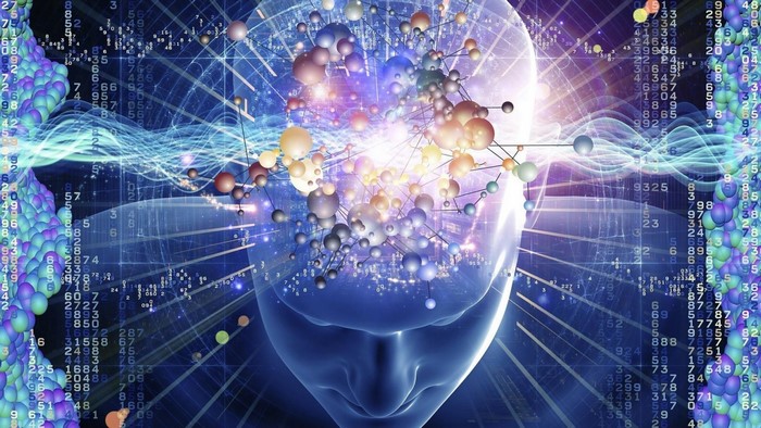 Abstract digital art of a human head with molecular structures and numbers