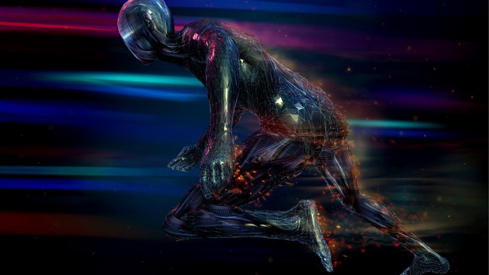 Futuristic robot running with colorful light streaks