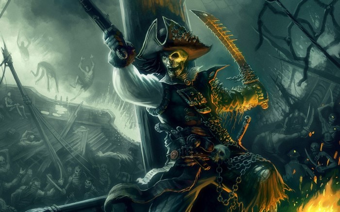 Undead pirate captain with cutlass and pistol
