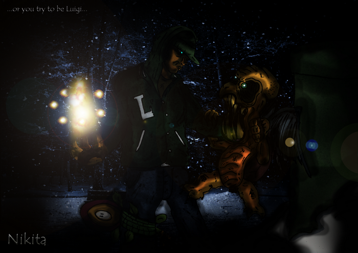 Luigi from Super Mario Bros. with a monster