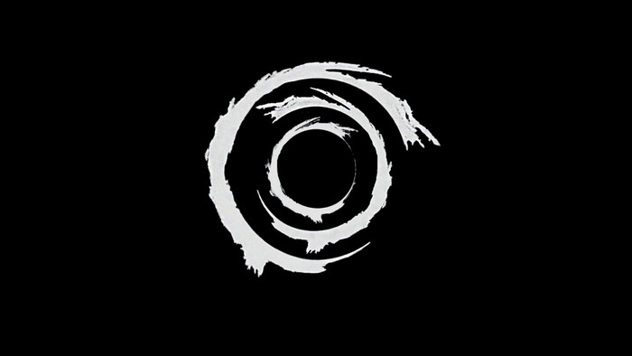 White spiral symbol on black background