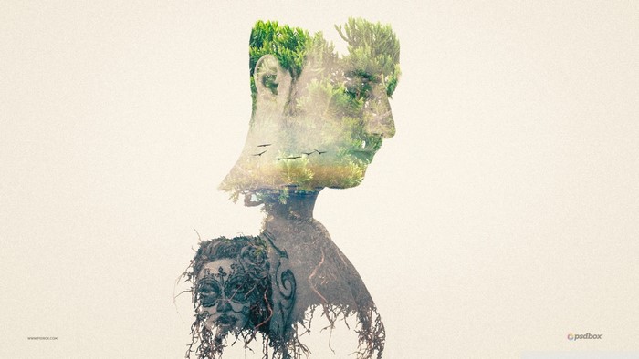 Double exposure of a man and a woman with nature elements