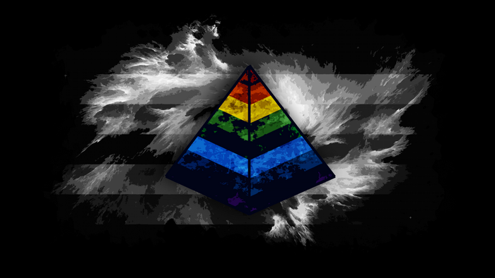 Rainbow pyramid on a dark background with smoke