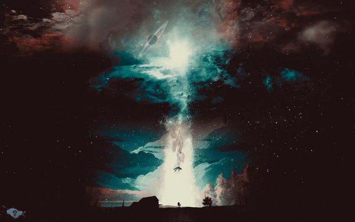 Man falling through space towards a house