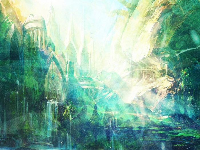 Fantasy landscape with ancient ruins and waterfalls