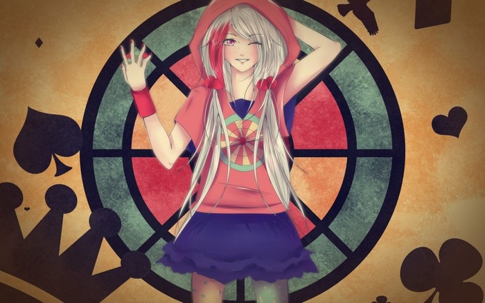 Anime girl with white hair and red accents in a hoodie