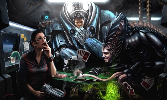 Science fiction characters playing poker in a spaceship