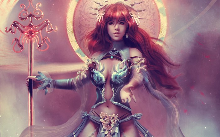 Fantasy woman warrior with staff and ornate halo