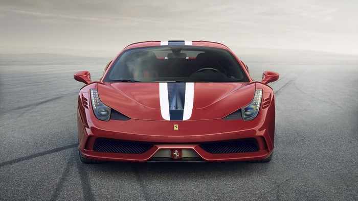 Red Ferrari 458 Speciale with racing stripes