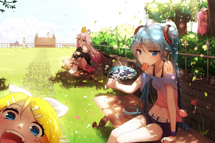 Anime girls with Hatsune Miku, Kagamine Rin, and IA Vocaloid